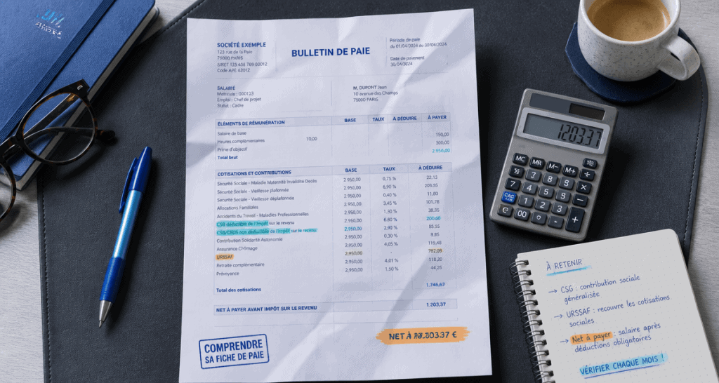 abréviation bulletin de salaire sur fiche de paie illustrée