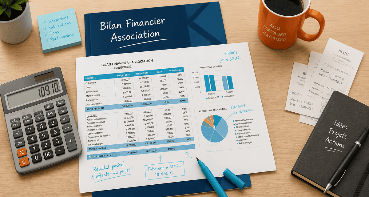 bilan financier association exemple sur bureau avec dossier et calculatrice