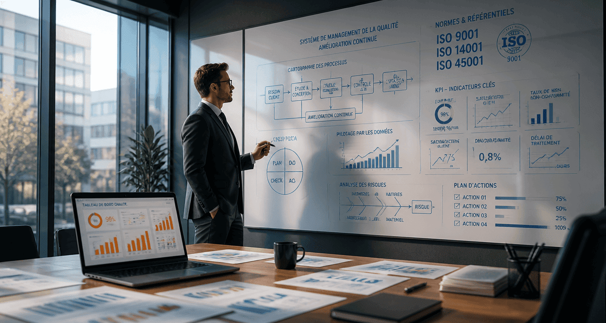 Chef de projet qualité analysant des KPI et normes ISO