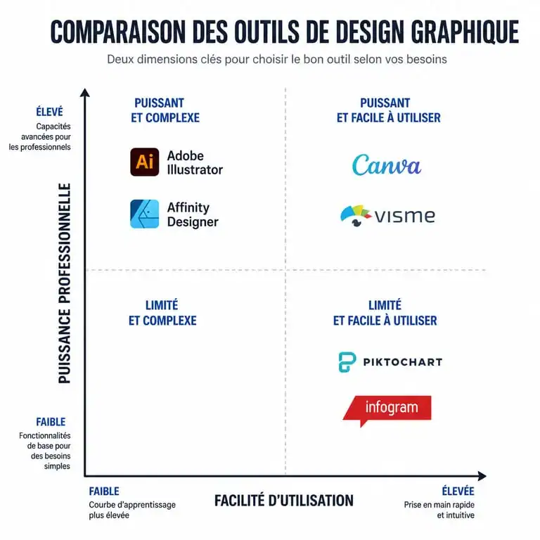 Matrice comparative des meilleurs logiciels pour infographie selon la facilité d'utilisation et la puissance professionnelle