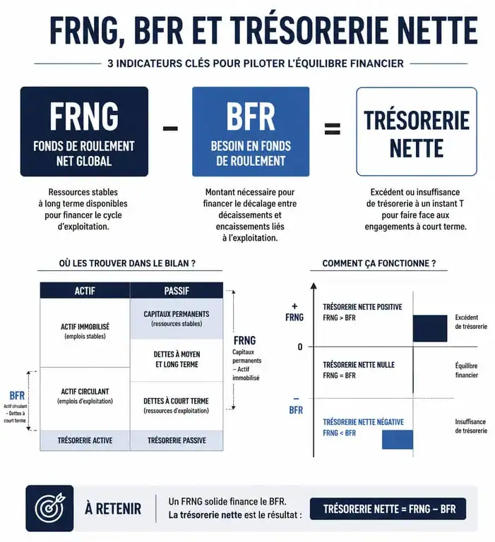 Schéma explicatif de la formule de trésorerie nette : FRNG moins BFR égale trésorerie
