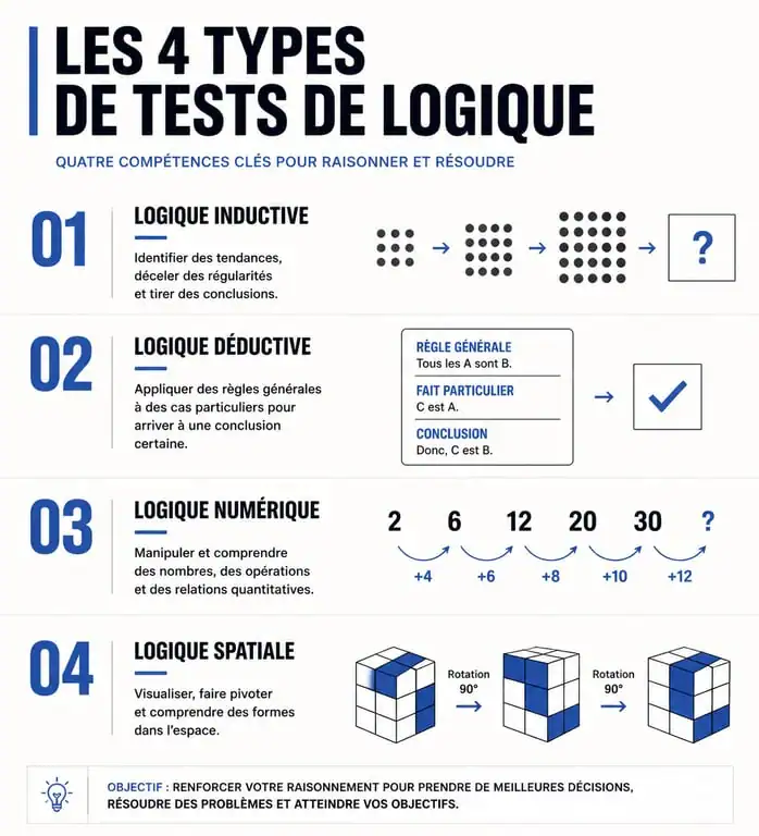 Infographie récapitulative des 4 types de tests de logique en recrutement : inductif, déductif, numérique et spatial.