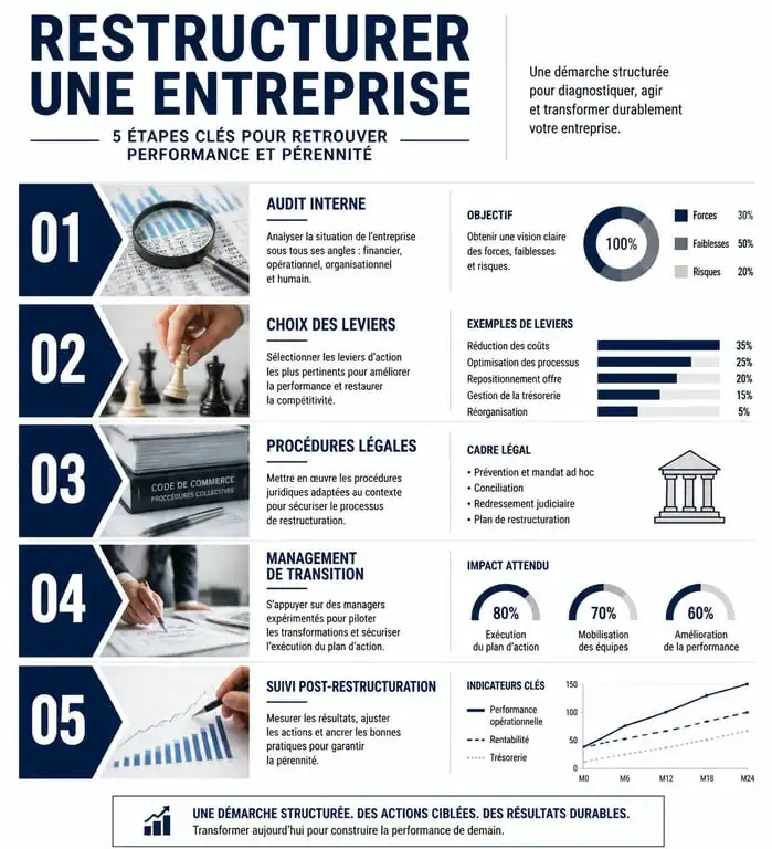 Infographie des étapes clés pour restructurer une entreprise avec succès