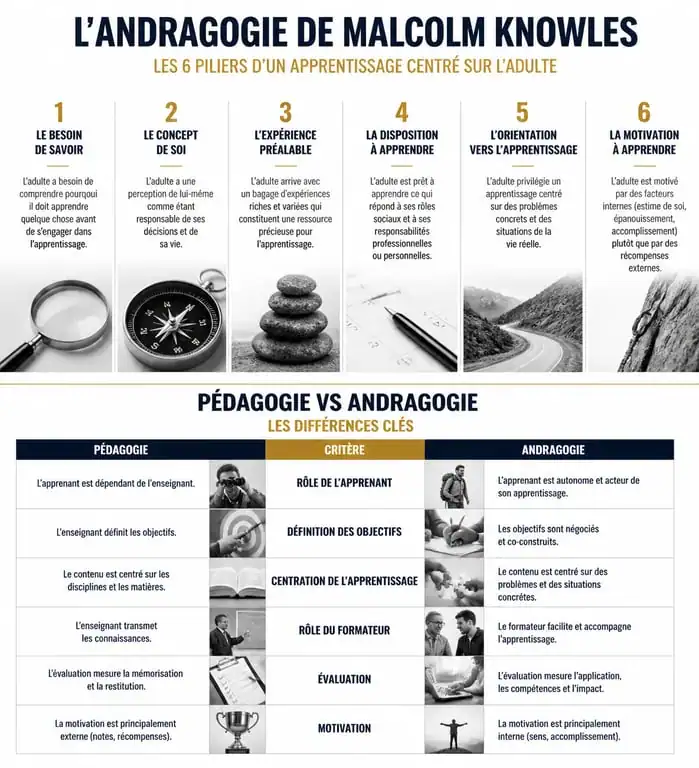 Infographie comparative andragogie vs pédagogie et les 6 piliers de l'apprentissage des adultes