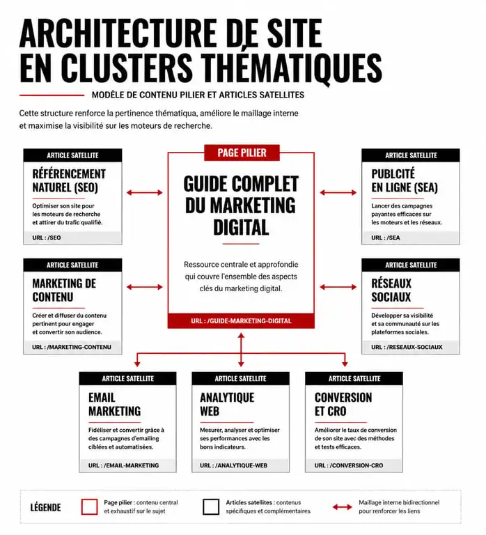 Schéma d'une stratégie éditoriale SEO avec une page pilier et ses clusters thématiques