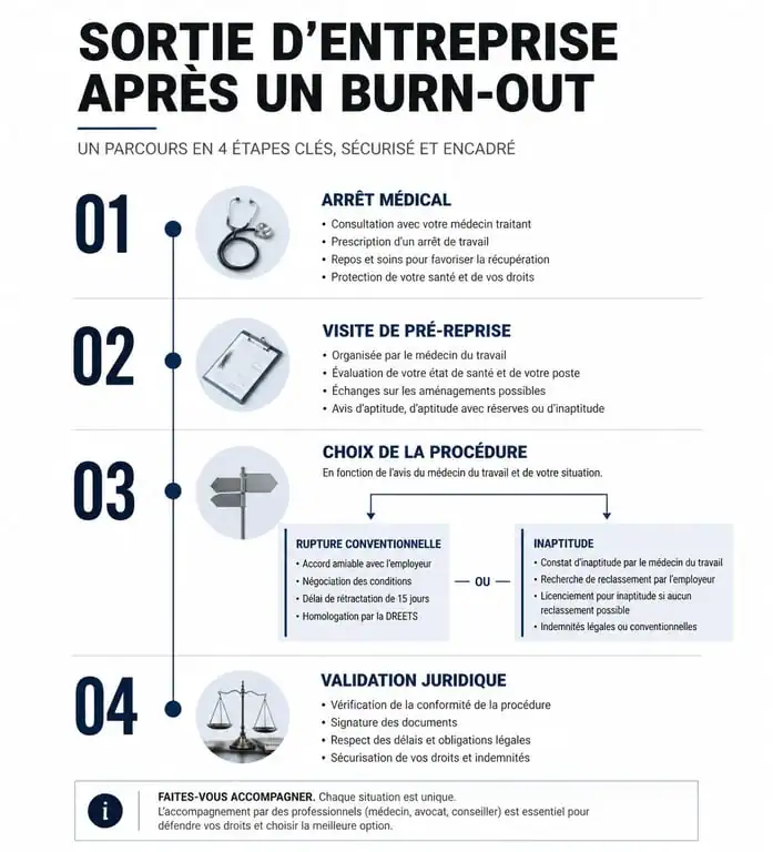 Schéma des étapes juridiques et médicales pour quitter son emploi en cas de burn-out