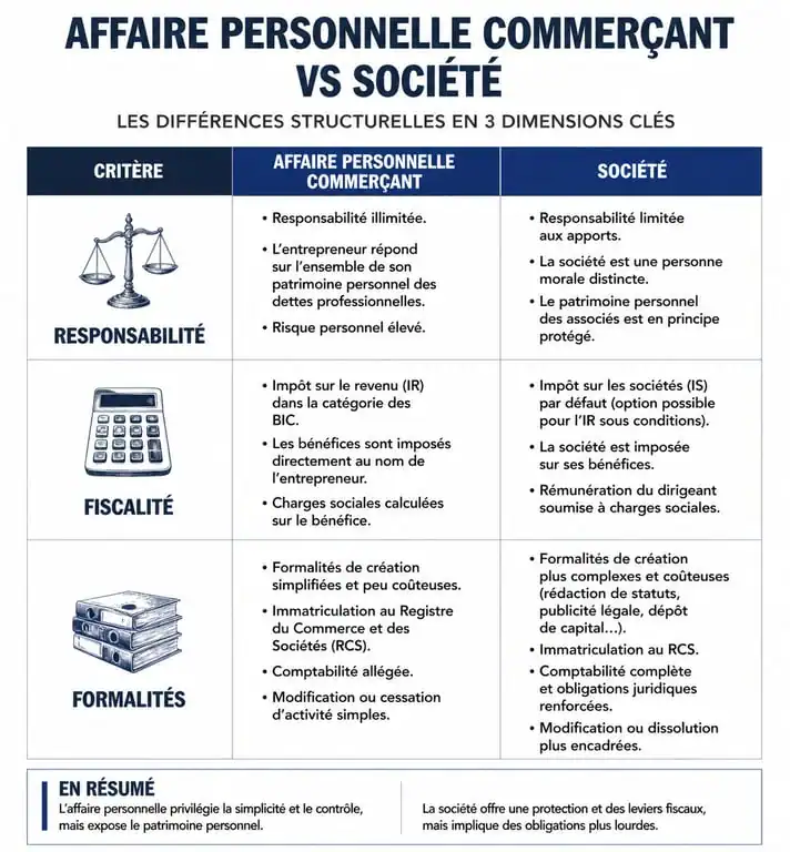 Tableau comparatif entre affaire personnelle commerçant et société pour choisir son statut juridique