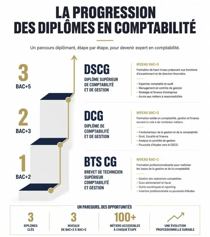 Infographie des diplômes de comptabilité en apprentissage : du BTS au DSCG