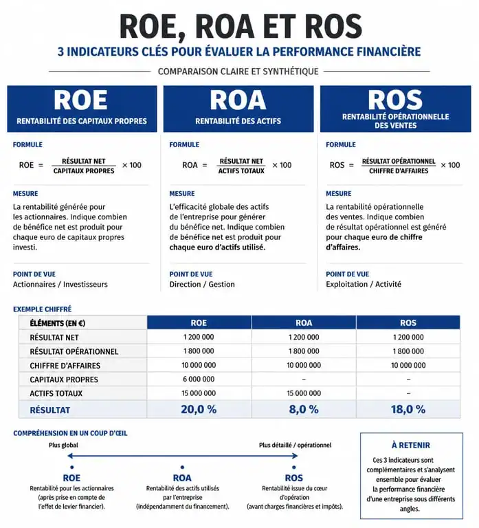 Infographie comparative des ratios de rentabilité financière ROE, ROA et ROS pour les entreprises