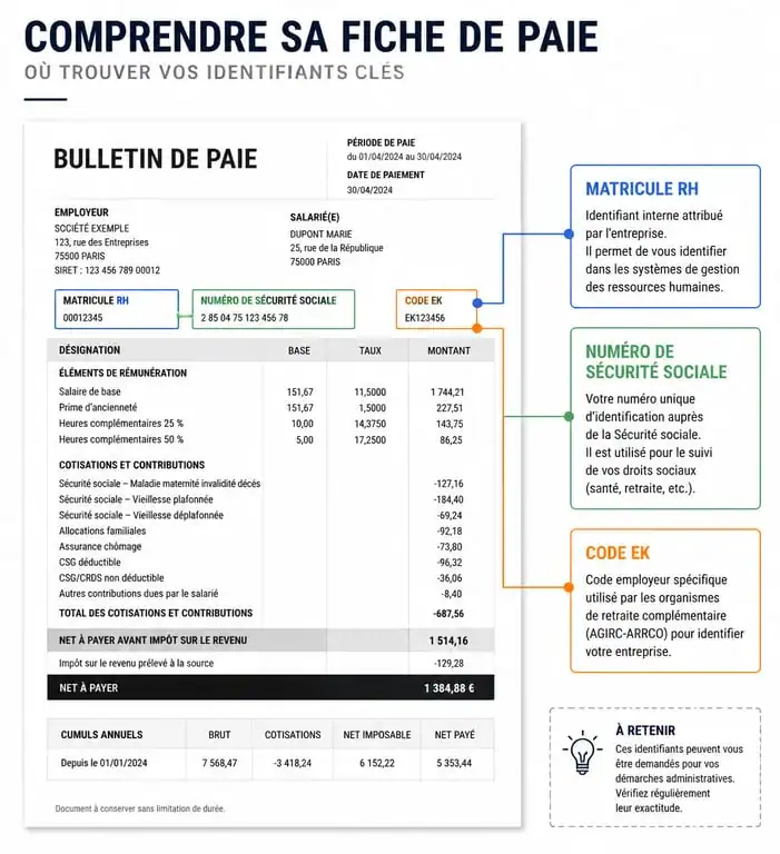 Emplacement du matricule RH sur une fiche de paie