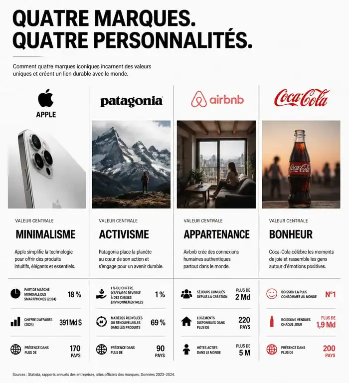 Infographie comparative des piliers de branding des marques Apple, Patagonia, Airbnb et Coca-Cola