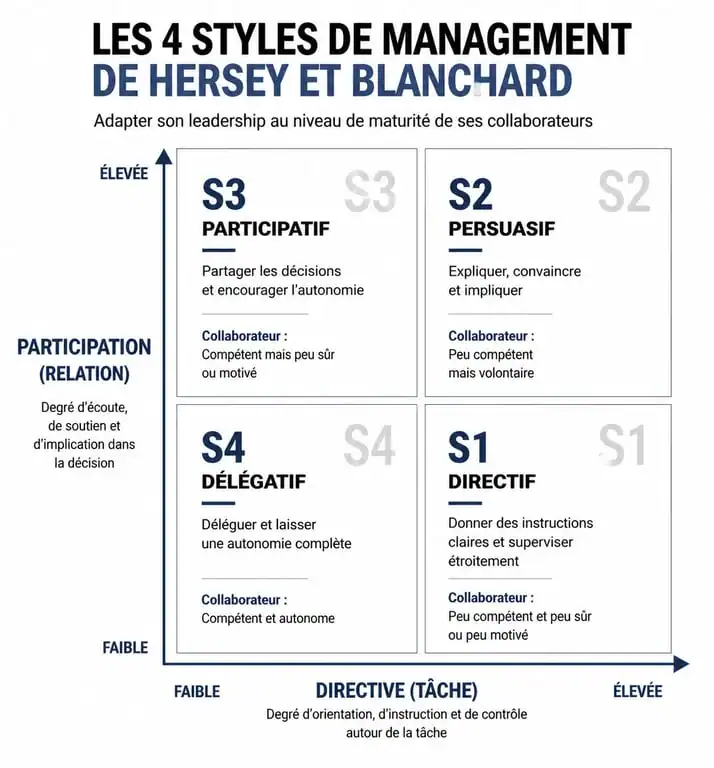 Infographie comparative des styles de management : directif, persuasif, participatif et délégatif