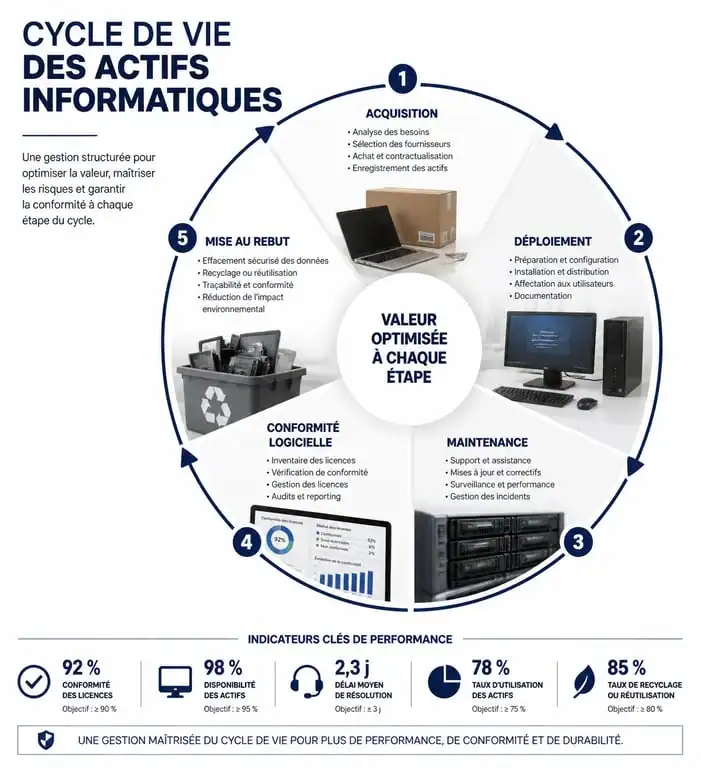 Schéma du cycle de vie des actifs pour la gestion de parc informatique