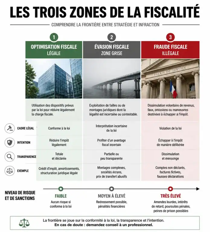 Infographie comparative illustrant les différences entre optimisation, évasion et fraude fiscale