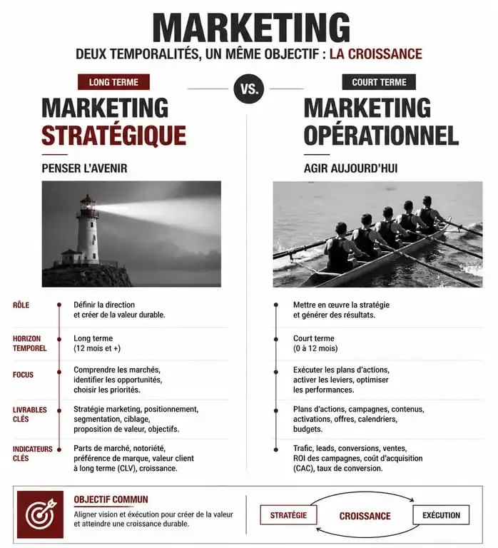 Infographie comparative entre marketing stratégique et marketing opérationnel pour comprendre leurs rôles et différences