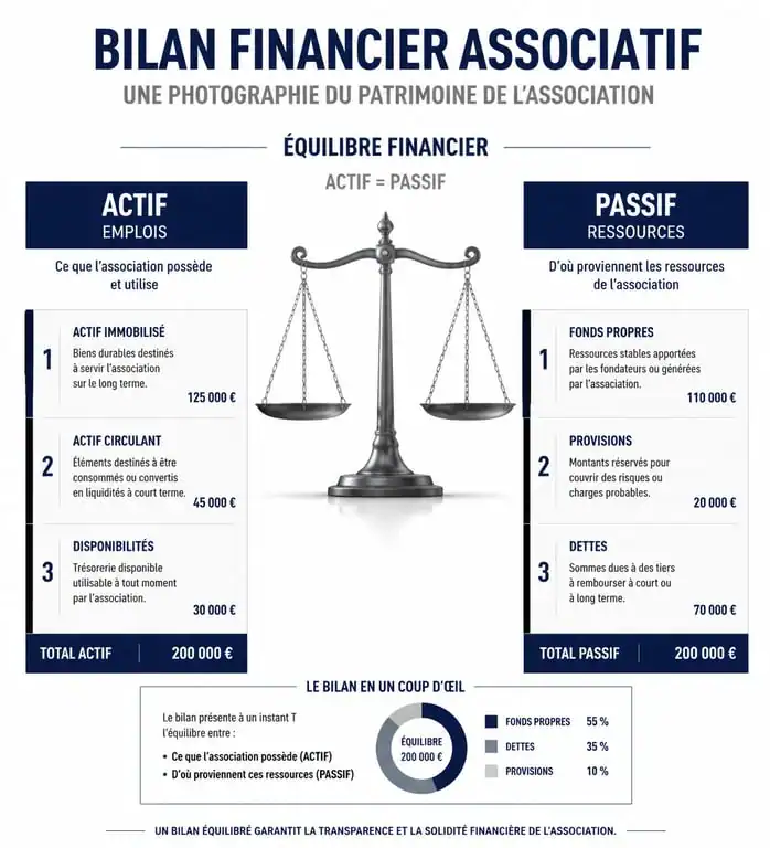 Infographie de la structure d'un bilan financier pour association loi 1901
