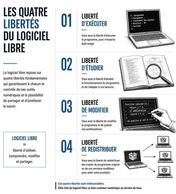 Infographie des quatre libertés fondamentales du logiciel libre