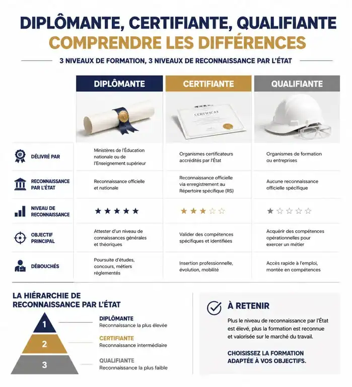 Infographie comparative des types de formation diplômante, certifiante et qualifiante pour choisir son parcours professionnel