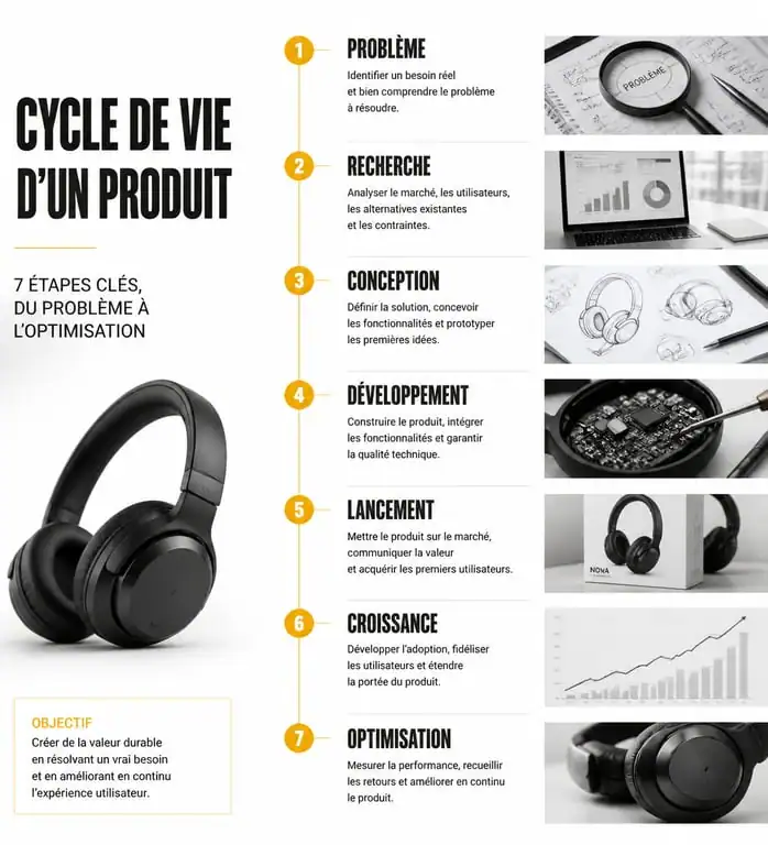 Schéma du cycle de vie produit en 7 étapes pour la gestion produit