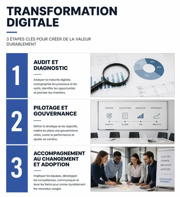 Infographie des étapes d'accompagnement par une agence de transformation digitale à Paris
