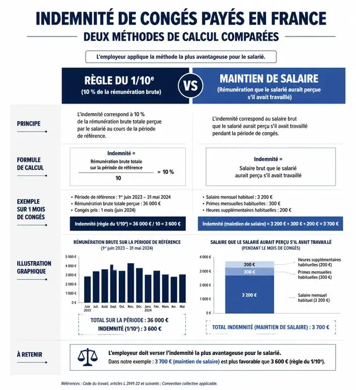 Infographie comparative des méthodes de calcul de l'indemnité de congés payés : 1/10e vs maintien de salaire