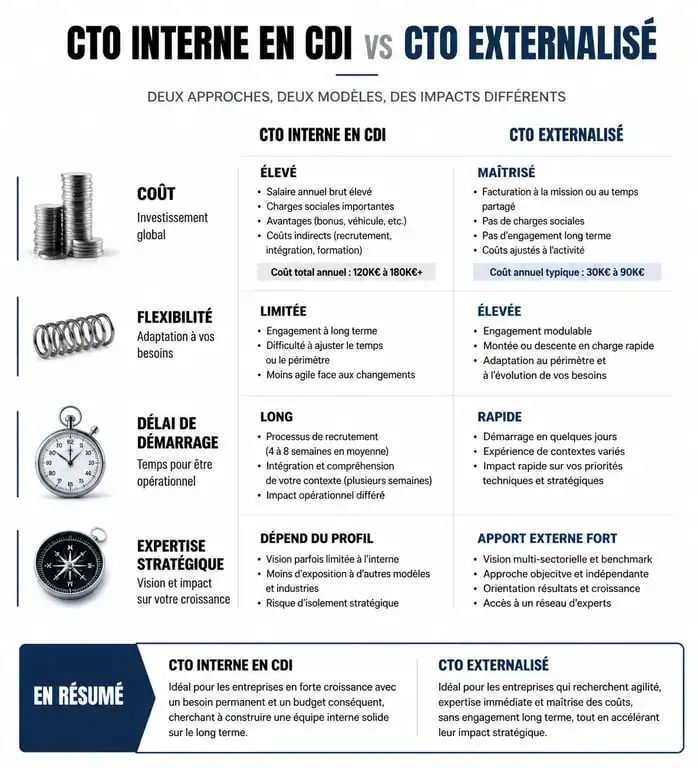Infographie comparative CTO interne vs CTO externalisé pour les startups et PME