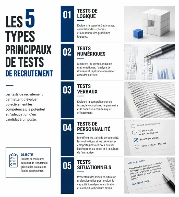 Infographie des types de tests de recrutement pour s'entraîner gratuitement