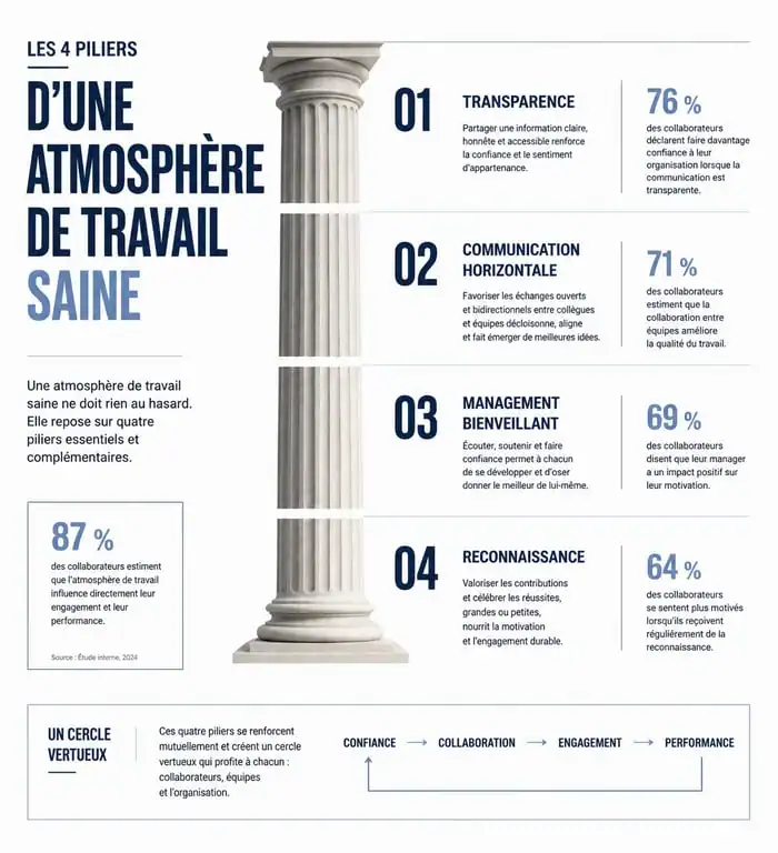 Infographie sur les piliers d'une ambiance de travail saine et productive