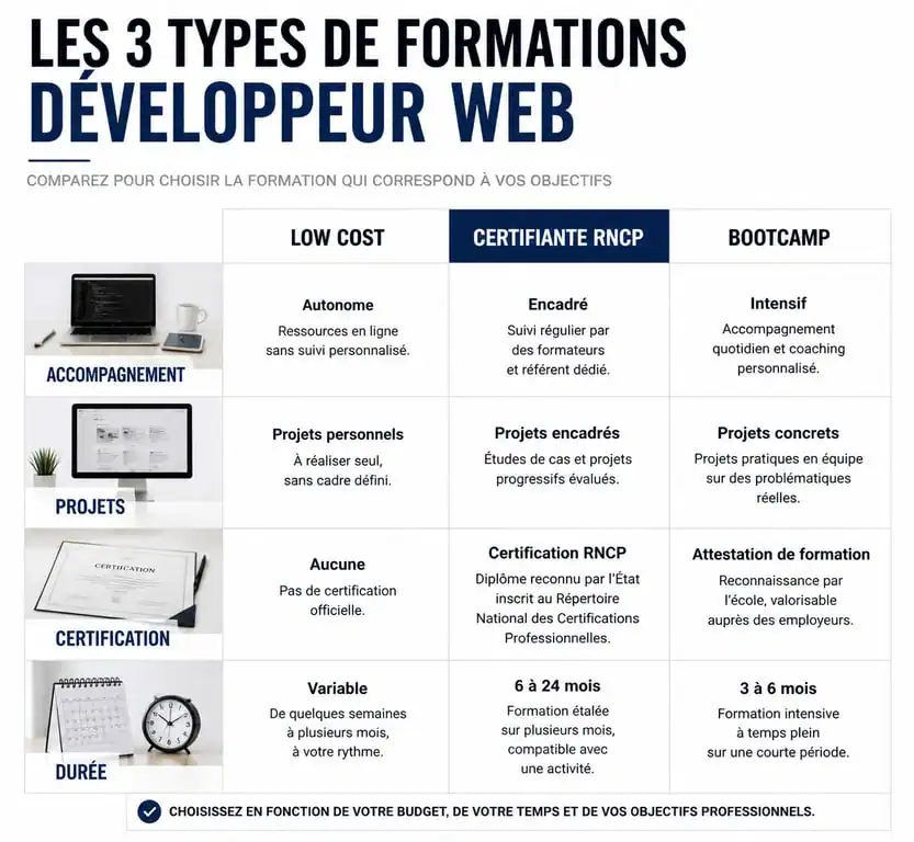 Infographie comparative des formations à distance pour devenir développeur web
