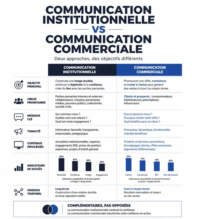 Infographie comparative : communication institutionnelle vs communication commerciale