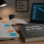 livre gestion de projet ouvert avec post-it et ordinateur