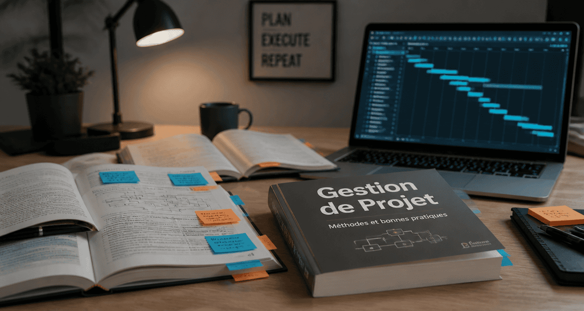 livre gestion de projet ouvert avec post-it et ordinateur