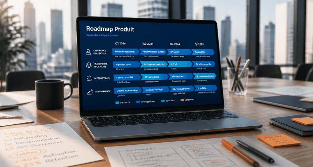 roadmap produit affichée sur laptop en salle de réunion