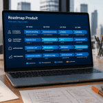 roadmap produit affichée sur laptop en salle de réunion