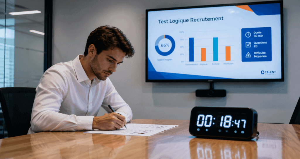 Candidat passe un test logique recrutement en salle de réunion