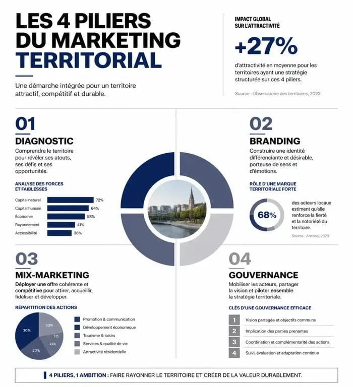 Infographie des 4 piliers du marketing territorial pour le développement des collectivités