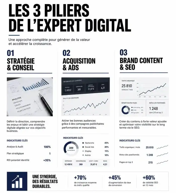Infographie des spécialisations de l'expert digital : stratégie, acquisition et contenu