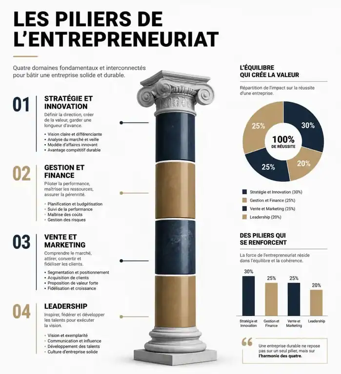 Infographie des piliers de l'entrepreneuriat pour choisir son livre de référence