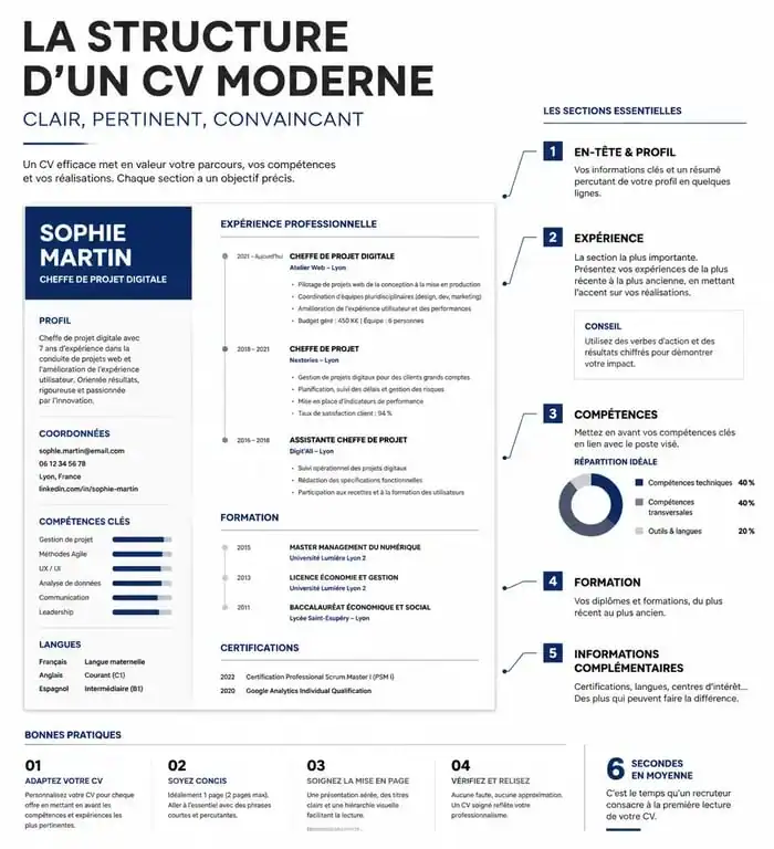 Infographie illustrant la structure d'un cv de boss professionnel et optimisé pour les recruteurs
