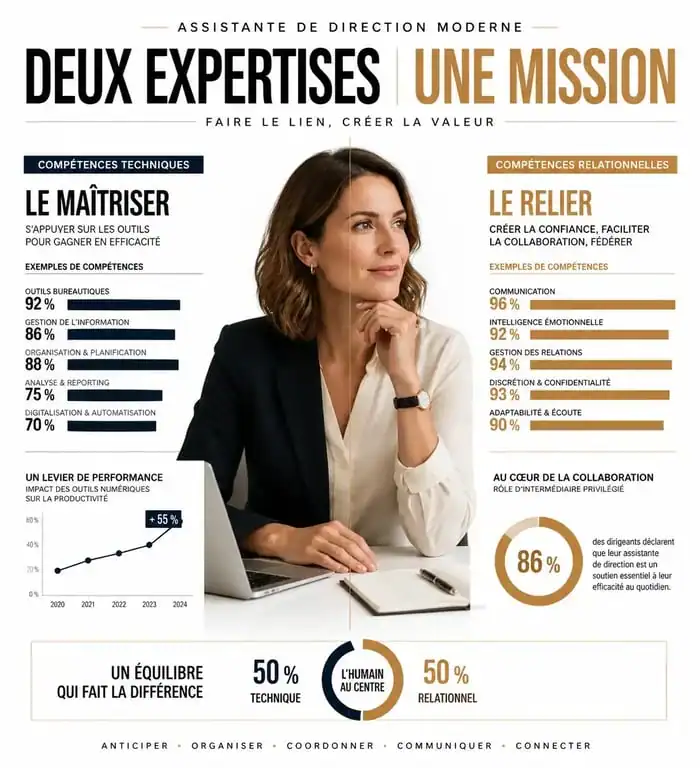 Infographie illustrant les compétences clés de l'assistante de direction moderne entre hard skills et soft skills