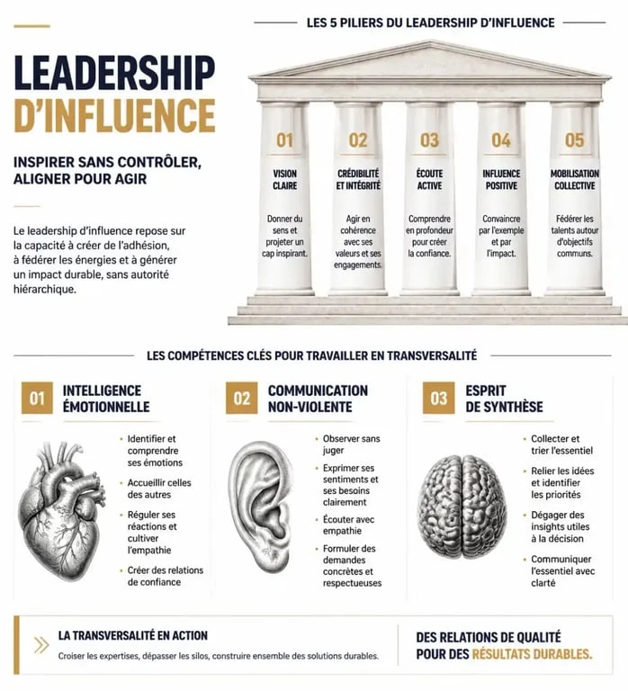 Infographie sur les compétences clés du travail en transversalité et le leadership d'influence en entreprise