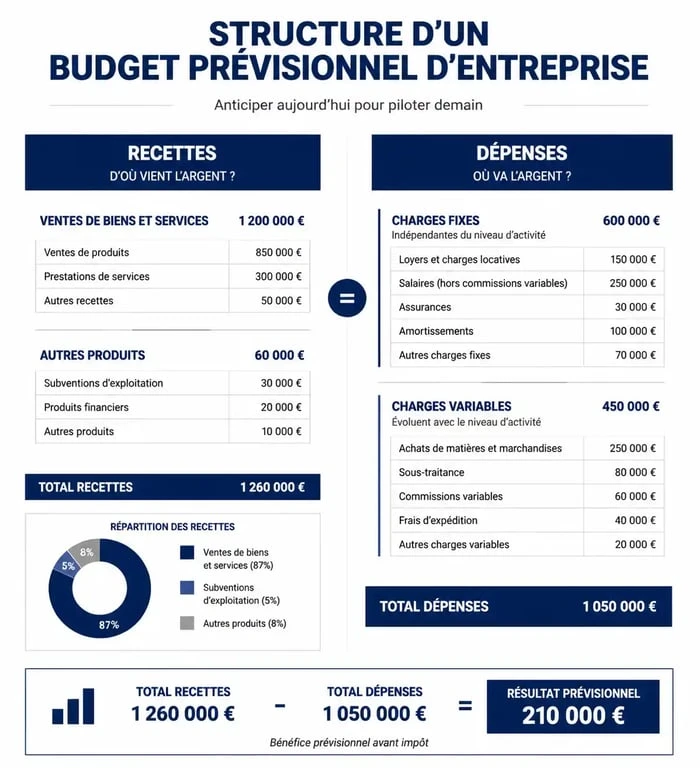 Exemple de structure de budget prévisionnel pour entreprise avec répartition des recettes et dépenses