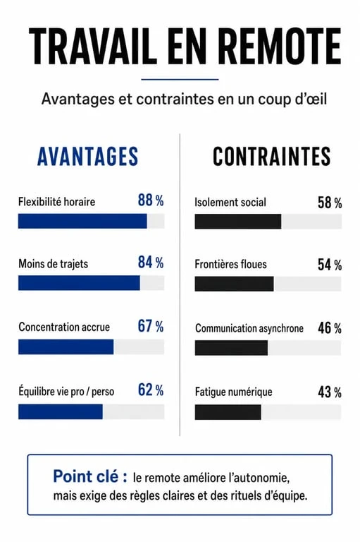 Infographie comparative des avantages et contraintes pour travailler en remote