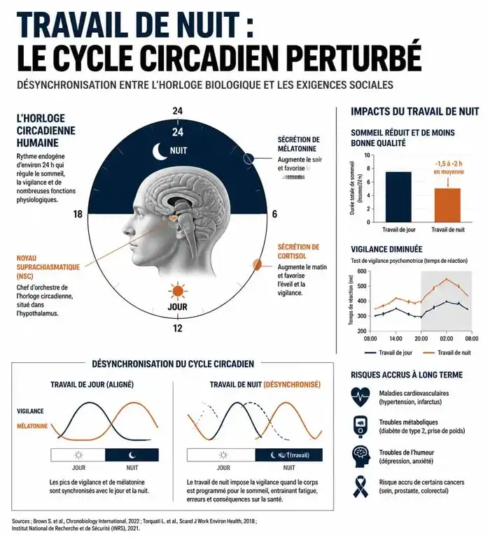 Infographie sur les impacts du travail en horaires décalés sur le rythme circadien et la santé