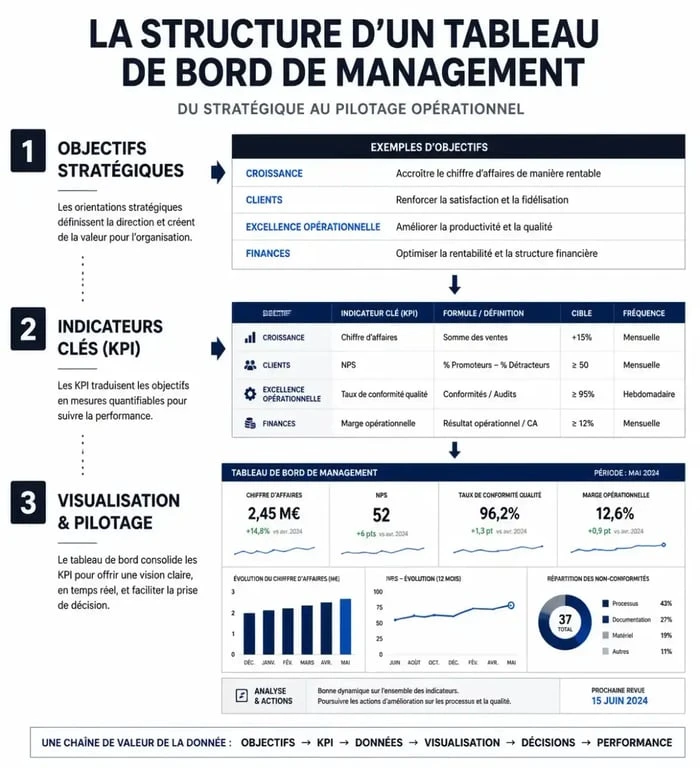 Schéma explicatif de la structure d'un tableau de bord de management pour le pilotage d'équipe