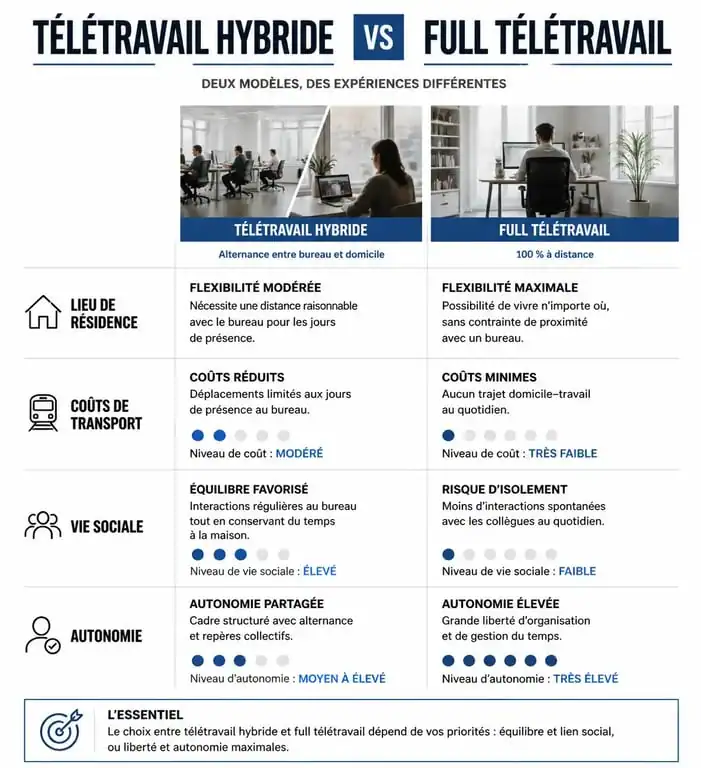 Infographie comparative : Télétravail Hybride vs Full Télétravail pour réussir son full télétravail