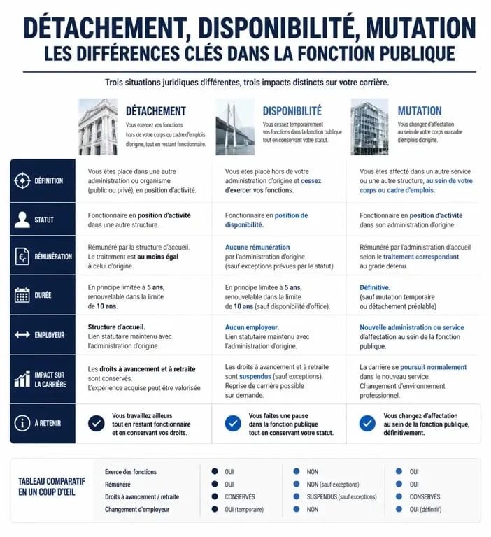 Infographie comparative des mobilités dans la fonction publique : détachement, disponibilité et mutation.
