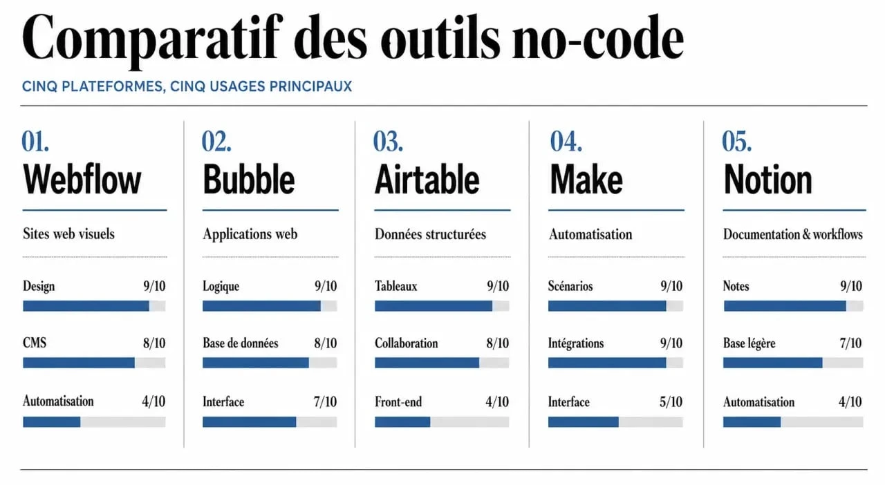 Infographie comparative des meilleurs outils no-code : Webflow, Bubble, Airtable, Make et Notion pour la création d'applications et sites web.