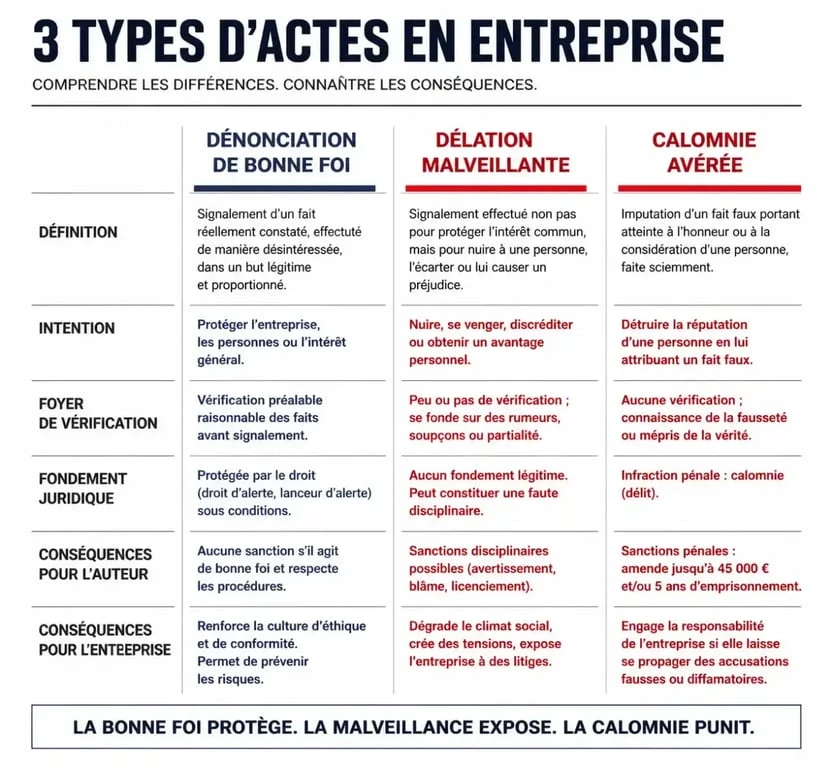 Tableau comparatif des risques juridiques liés à la délation au travail et à la dénonciation de bonne foi.