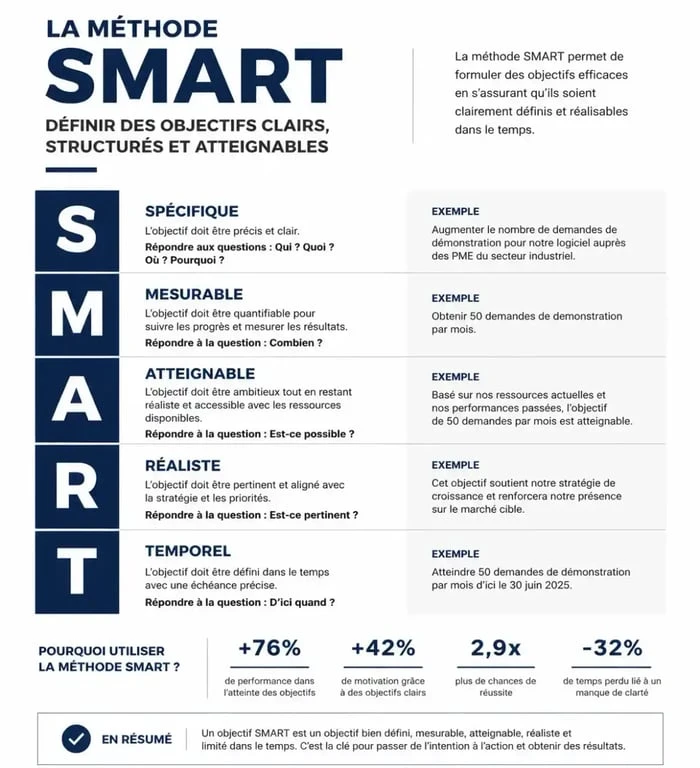 Infographie sur la méthode SMART pour réussir ses objectifs d'entretien annuel